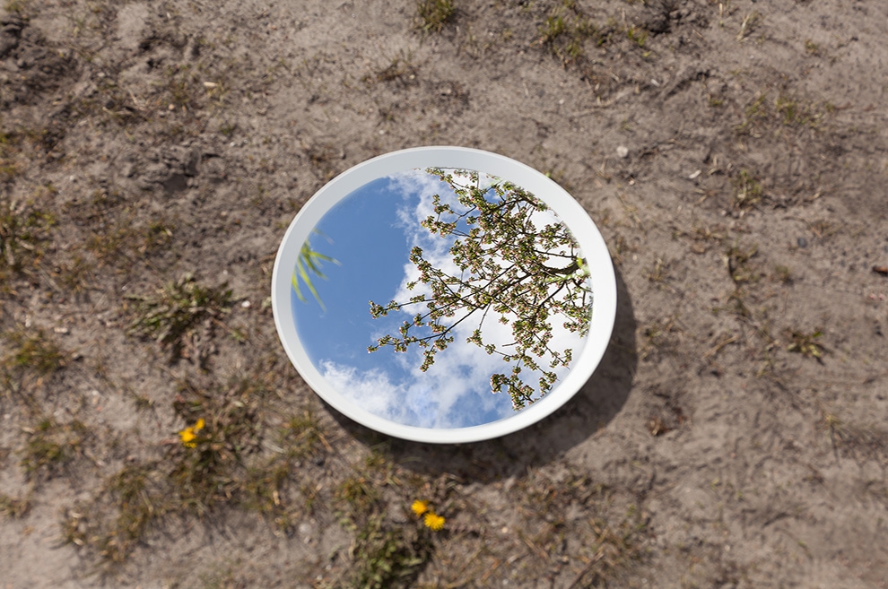 Fotos sandiger Boden mit Teller, der den Himmel und Baumzweige spiegelt